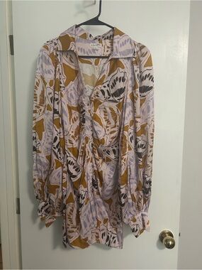 For Love & Lemons Lavender and Mustard Printed Long-Sleeve Dress